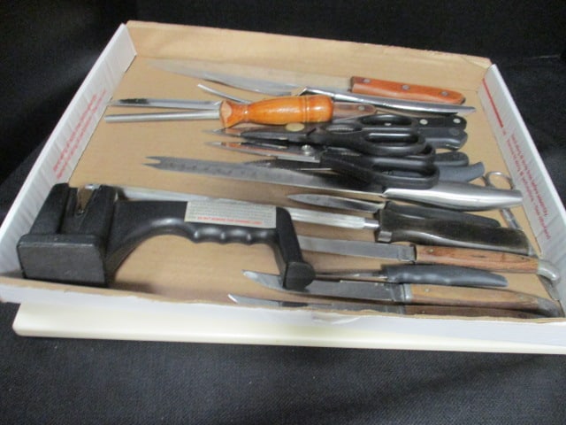Assortment of Kitchen Knives, Kitchen Scissors, Sharpeners and Two Cutting Boards: .