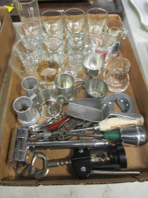 Barware-Large Assortment of Shot Glasses, Wine Openers, Scoop, Ice Hammer/Jigger, etc.: .