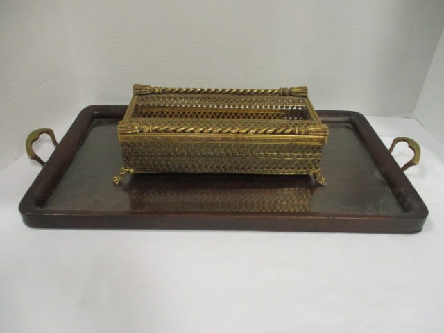 Midcentury Hollywood Regency Style Tissue Box Cover and Mahogany Serving Tray (1 of 7)