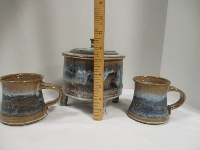 Jeff Greene Signed Studio Pottery Mugs and Footed Bean Pot - 7