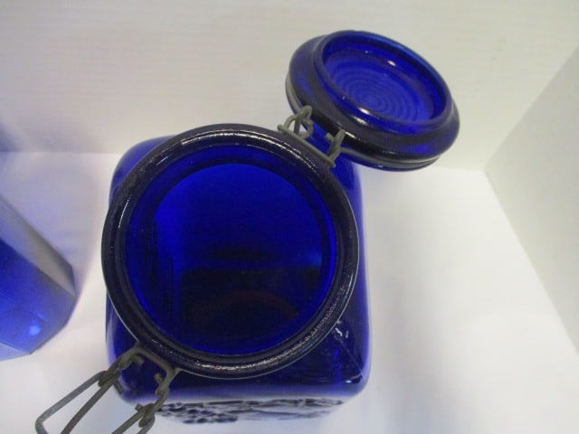 Italian "Farm Products" Cobalt Blue Glass Canister and Set of 3 Blue Glass Canisters - 4