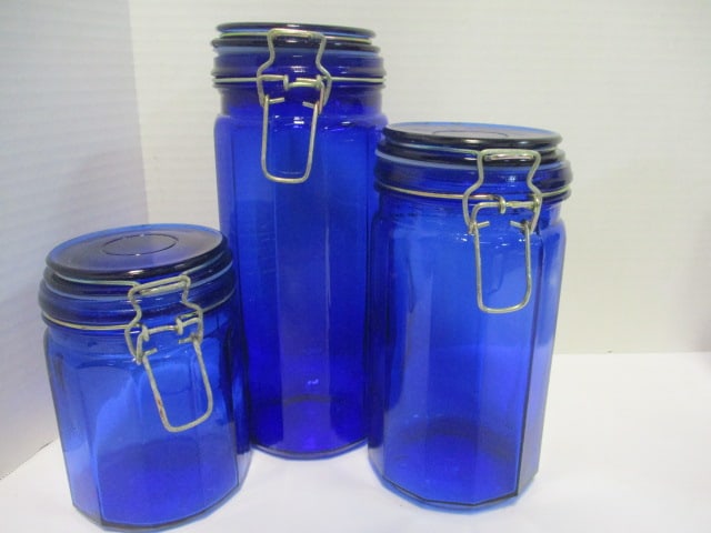 Italian "Farm Products" Cobalt Blue Glass Canister and Set of 3 Blue Glass Canisters - 5