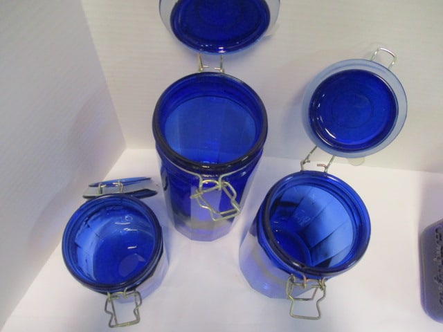 Italian "Farm Products" Cobalt Blue Glass Canister and Set of 3 Blue Glass Canisters - 6
