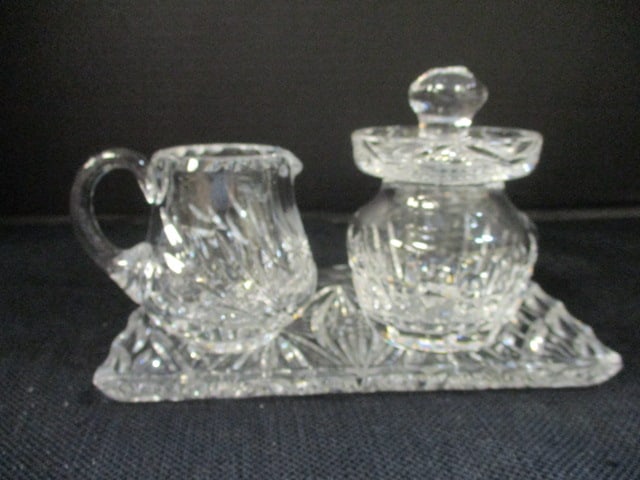 Waterford Crystal Sugar Container, Cut Glass Crystal Creamer and Tray: 3 1/2" and 5", could only find "Waterford" mark on sugar