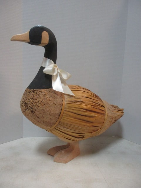 2 Folk Art Carved Wood, Cork, and Straw Decorative Duck Decoys - 2