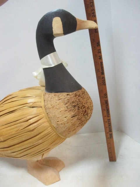 2 Folk Art Carved Wood, Cork, and Straw Decorative Duck Decoys - 7