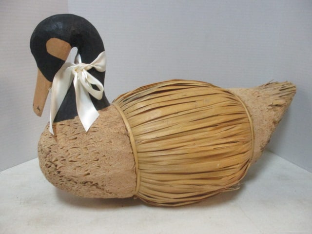 2 Folk Art Carved Wood, Cork, and Straw Decorative Duck Decoys - 8
