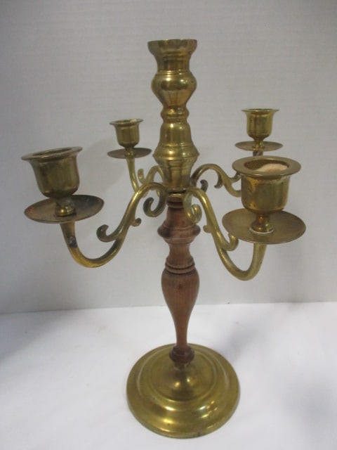 Vintage Brass and Wood 5-Holder Candelabra (1 of 4)