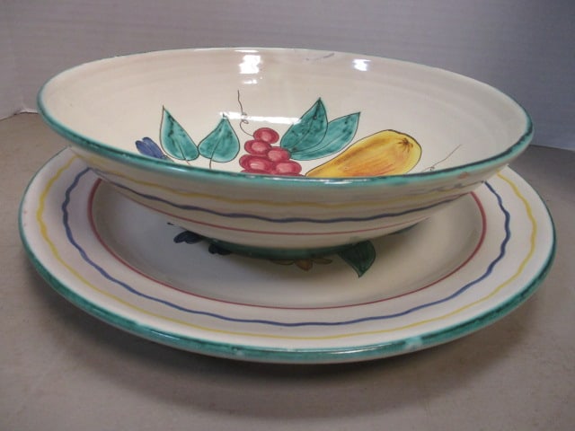 Vintage Handpainted Perugia, Italy Bowl and Plate - Marked "V.C.I. 37" and "57": 11" x 3 1/2" and 13", chip