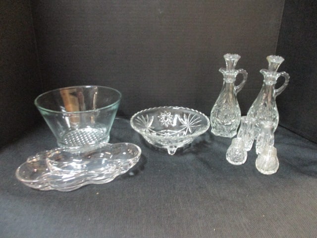 Lot of Vintage Cut Glass Cruets, Salt & Pepper Shakers, Bowls, and Relish Tray (1 of 11)