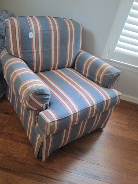 Striped Custom Covered Rolled Arm Chair: 36"w, has arm sleeve protectors, Local Pickup Only