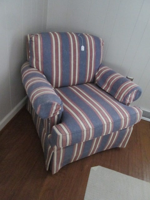 Striped Custom Covered Rolled Arm Chair: 36"w, has arm sleeve protectors, Local Pickup Only