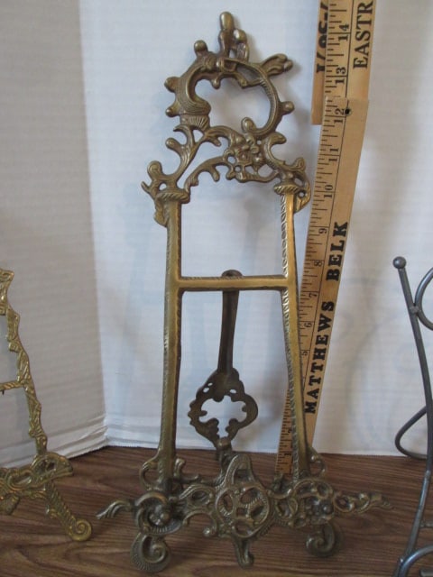 Two Brass Table Top Easels and Wrought Metal Book Stand - 3