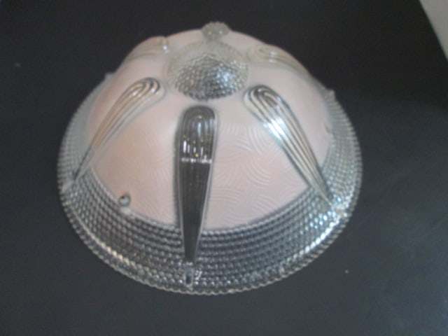 Vintage 1950's Frosted Pink and Clear Ceiling Light Shade: 10 1/2"dia, has beaded chain hangers