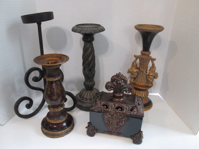 Four Pillar Candle Holders and Ceramic and Sculpted Candy Dish: .