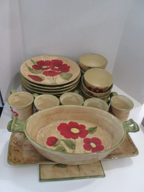 24 Pieces of Ambiance Collections "Fleur Rustique" by Nanette Vachor Dinnerware: and Serving Pieces. Baker has crazing and some discoloration, see pictures and preview, Local Pickup Only