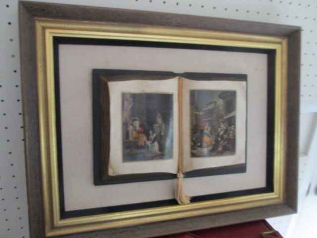 Midcentury Sungott Art Studios 3-Dimensional "Open Book with European Scenes" Framed Wall Art: 20 1/4" x 15 1/2", label on back reads Sungott Art Studios #764