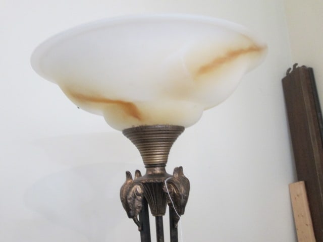 Black Wrought Iron Torchiere Floor Lamp with Antiqued Gold Ram Head Accents and - 2