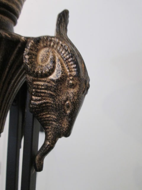 Black Wrought Iron Torchiere Floor Lamp with Antiqued Gold Ram Head Accents and - 4