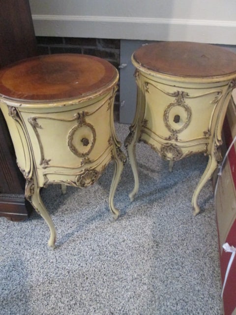 Pair of French Provencial Style Drum Cabinets with Banded Mahogany Tops: 16"dia x 27 1/4"h, carved shell accents and cabriole legs, some scuffs and veneer chips on tops, Local Pickup Only