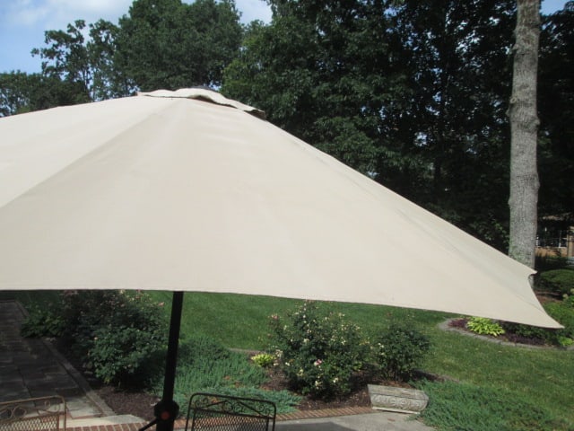 5 Piece Beige Metal Mesh Patio Set with Umbrella - 6
