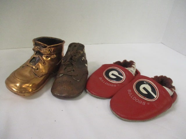 2 Vintage Bronze Baby Shoes and "Georgia Bulldogs" Baby Shoes: .