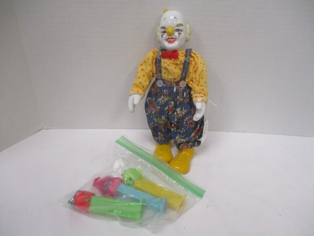 Vintage Porcelain Clown Doll and 3 "Trolls" Pez Candy Dispensers: 10 1/2"