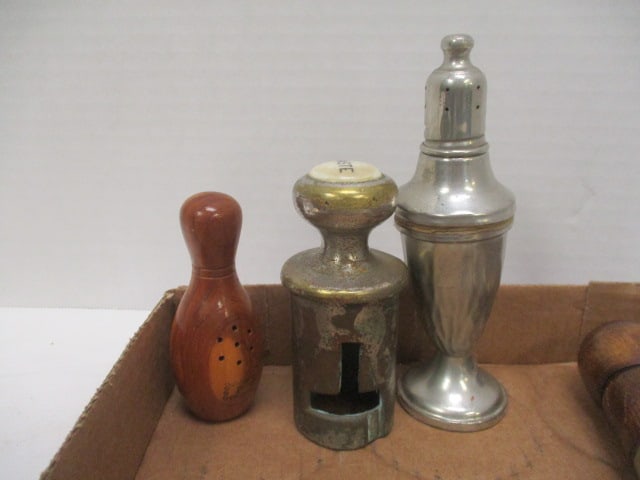 Lot of Trophy Toppers, Cast Iron Figurine, Salt Shakers, Tin Violin Toy, etc. - 7