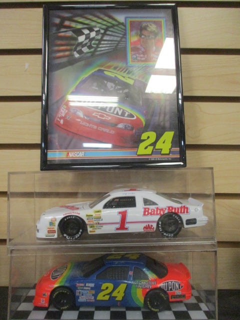 Racing Champions "Jeff Gordon #1" and "Jeff Gordon #24" Die Cast Model: Cars in Plastic Display Cases -1/24 Scale and "Nascar - Jeff Gordon #24" Framed Print