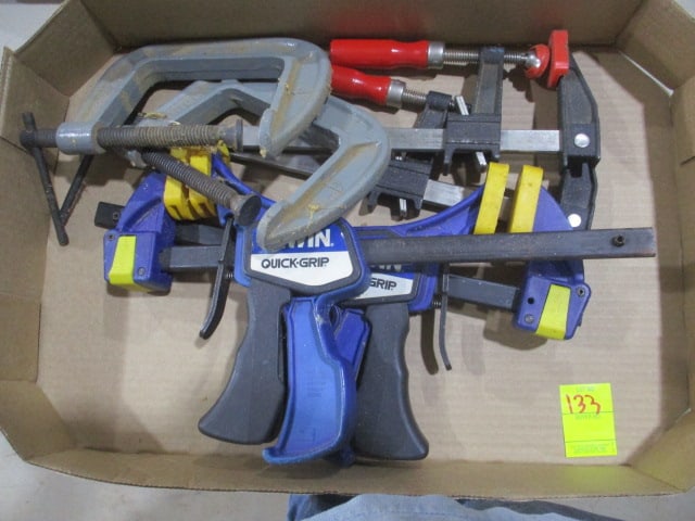 Lot of Clamps: 4" C Clamps (2), Bar Clamps (2), & Irwin Quick Grips (2)