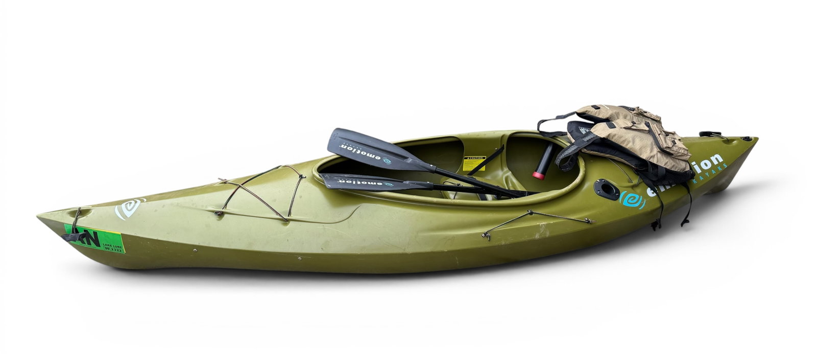 Emotion Glide 9’8” Kayak with Paddle & Life Jacket: This is a 9-foot-8-inch, sit-inside recreational and light fishing kayak that is in good, used condition. See photos. It features a stable ST Performance Hull, a 275 lb. weight capacity, and a