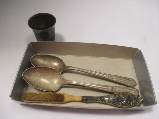 84 Russian Sterling Shot Glass (.79 Ozt), 3 Sterling Spoons (2.62 Ozt) & (1 of 7)
