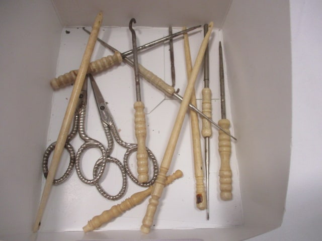 Germany Embroidery Scissors (2 PR), Bone Handled Button Tools: .