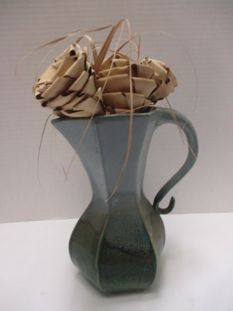 Blue & Green Drip Glaze Faceted Body Pitcher w/Gullah Roses: .