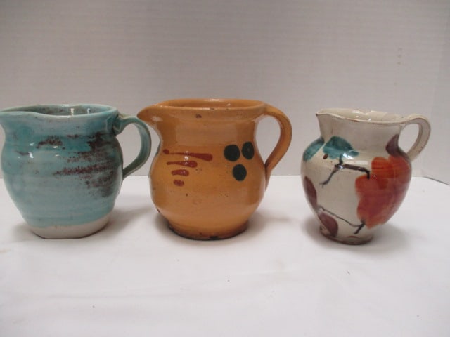 Pottery Creamers-Polka Dot (4 1/4") Chip on spout,: Aqua 4" w/Artist Signature & Handpainted Floral 4"