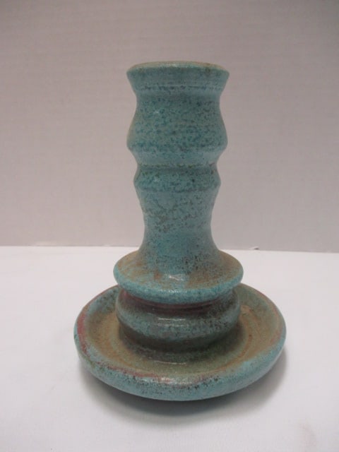 Signed Studio Pottery Turquoise Candlestick: 6"
