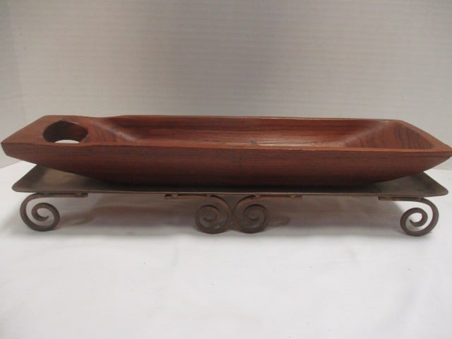 Elongated Serving Tray Teak Wood Canoe Shape on: Copper Tone Riser (15" x 4" x 1 1/2")