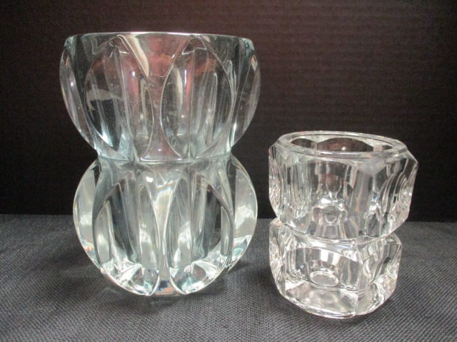 Elements Crystal Cube Vase (4 1/2") & MCM Brutalist Double Bowl: Vase (7")