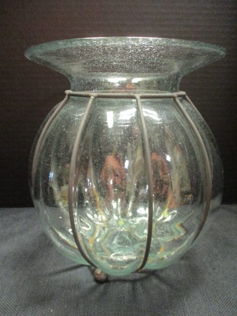Brutalist Style Handblown Bubble Glass Vase w/Metal Stand: 9 1/2"
