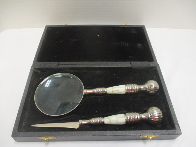 Victorian Style Magnifying Glass & letter Opener with: Mother of Pearl Accents in Case (9 1/2")