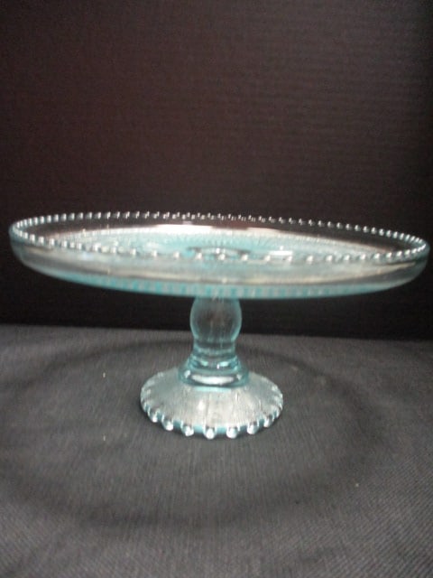 Jeanetter Glass Ice Blue Harp Pattern Cake Stand w/beaded edge: 10" Diam. X 5" H