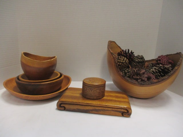 Handcarved Wooden Bowls, Dresser/Valet, Russian Trinket Box: Largest bowl w/pine cones has a large crack