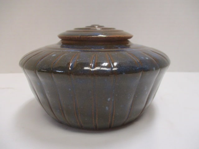 Signed Brown Glaze Pottery Bowl w/Lid: 6" Diam x 4 " H