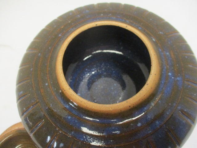 Signed Brown Glaze Pottery Bowl w/Lid - 3