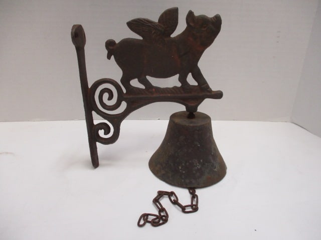 Wall Mount Cast Iron Flying Pig Bell: 8"