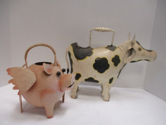 Rustic Pig 9" & Rustic Cow 11" Watering Cans (2): .