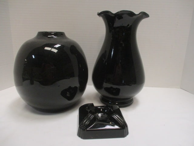 Black Glass Vase 8", Black Glass Ruffle Edge Vase 10", & (1 of 7)