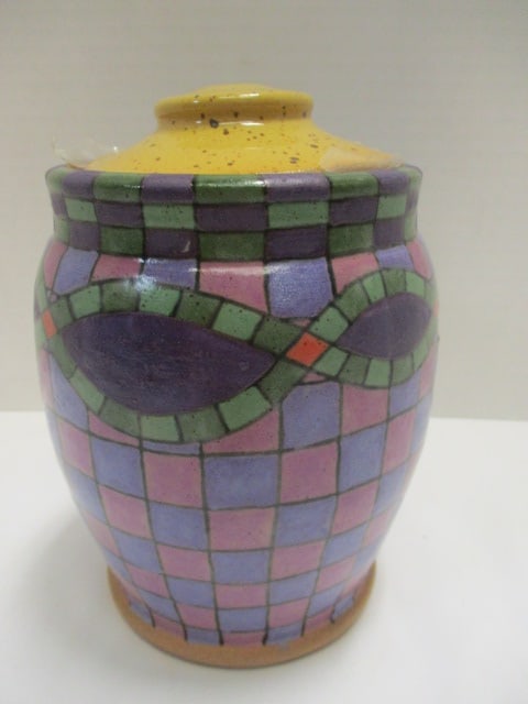 Initialed Pottery Clay Art Mosaic Fish Canister: 6 1/2"