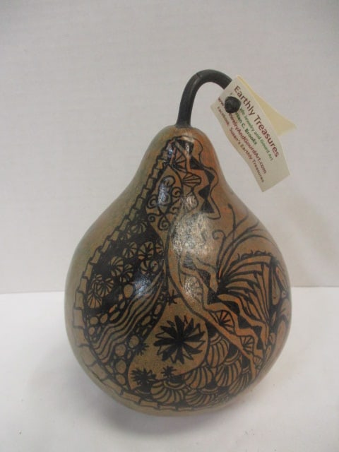 Earthly Treasures Art Gourd w/intricate Black Ink Designs: 8"