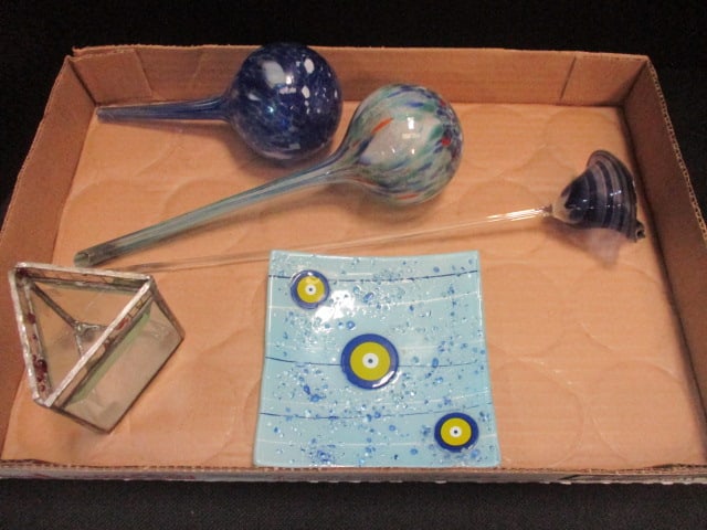 Aqua Globes, Art Glass Flower, Plate & Bevel Glass Triangular Box: .